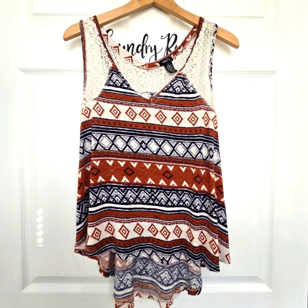 rue21 Women's Aztec Geometic Lace Detail Hi Low Tank Top Size Medium